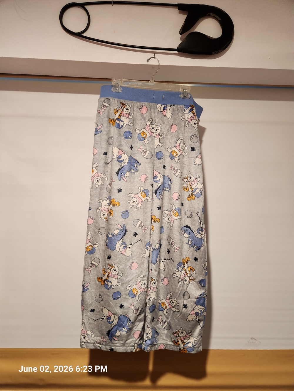 Women's Grey Winnie The Pooh Print Pajama Pants with Blue Waistband